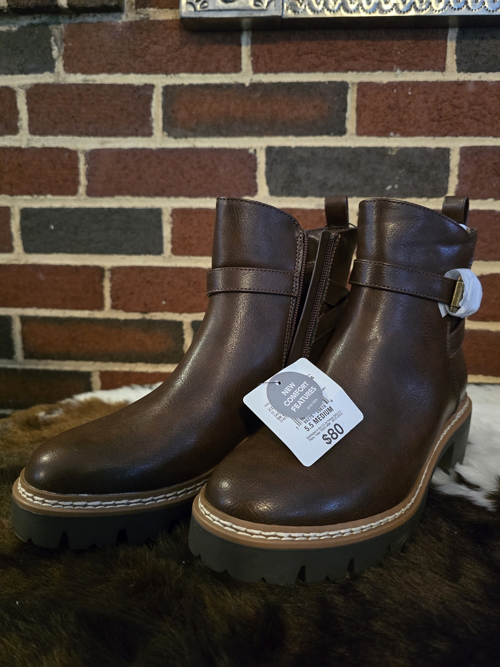St. John's Bay Brown Leather-Look Ankle Booties with Lug Sole